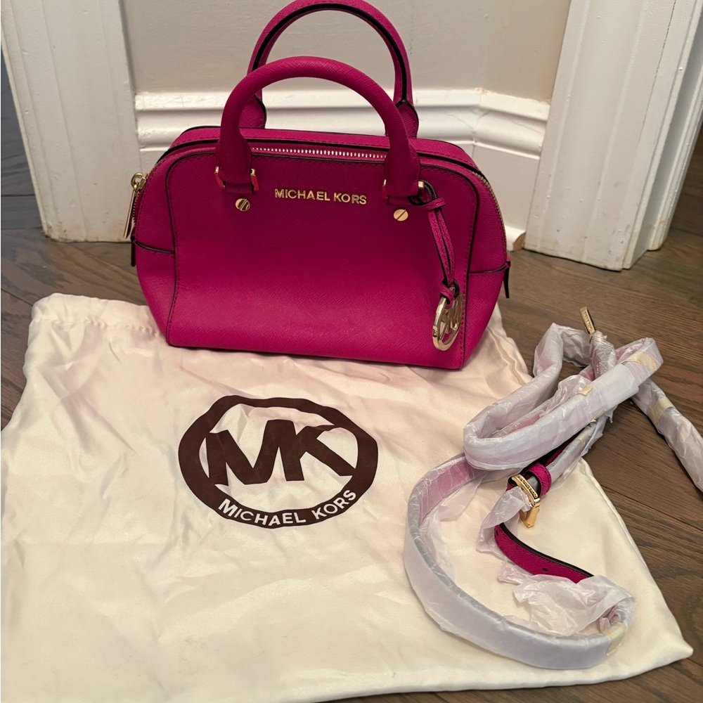 Michael Kors Hot Pink Saffiano Dome Satchel with Gold Hardware